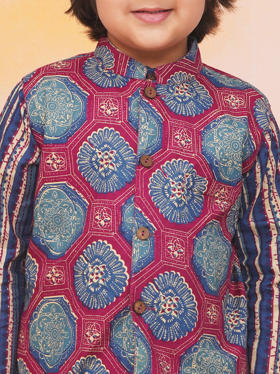 KID1 Floral Jacket With Motiff Printed Kurta And Dhoti Set Blue