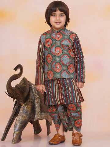 KID1 Floral Jacket With Motiff Printed Kurta And Dhoti Set Green