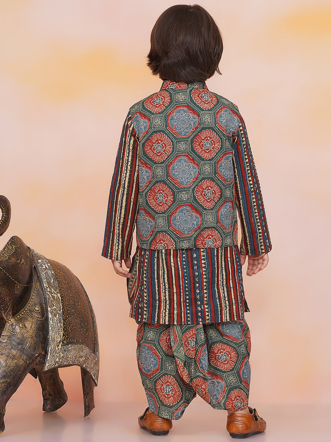 KID1 Floral Jacket With Motiff Printed Kurta And Dhoti Set Green