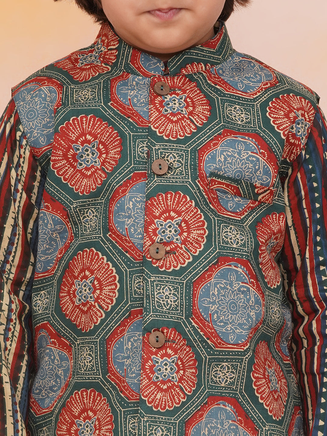 KID1 Floral Jacket With Motiff Printed Kurta And Dhoti Set Green