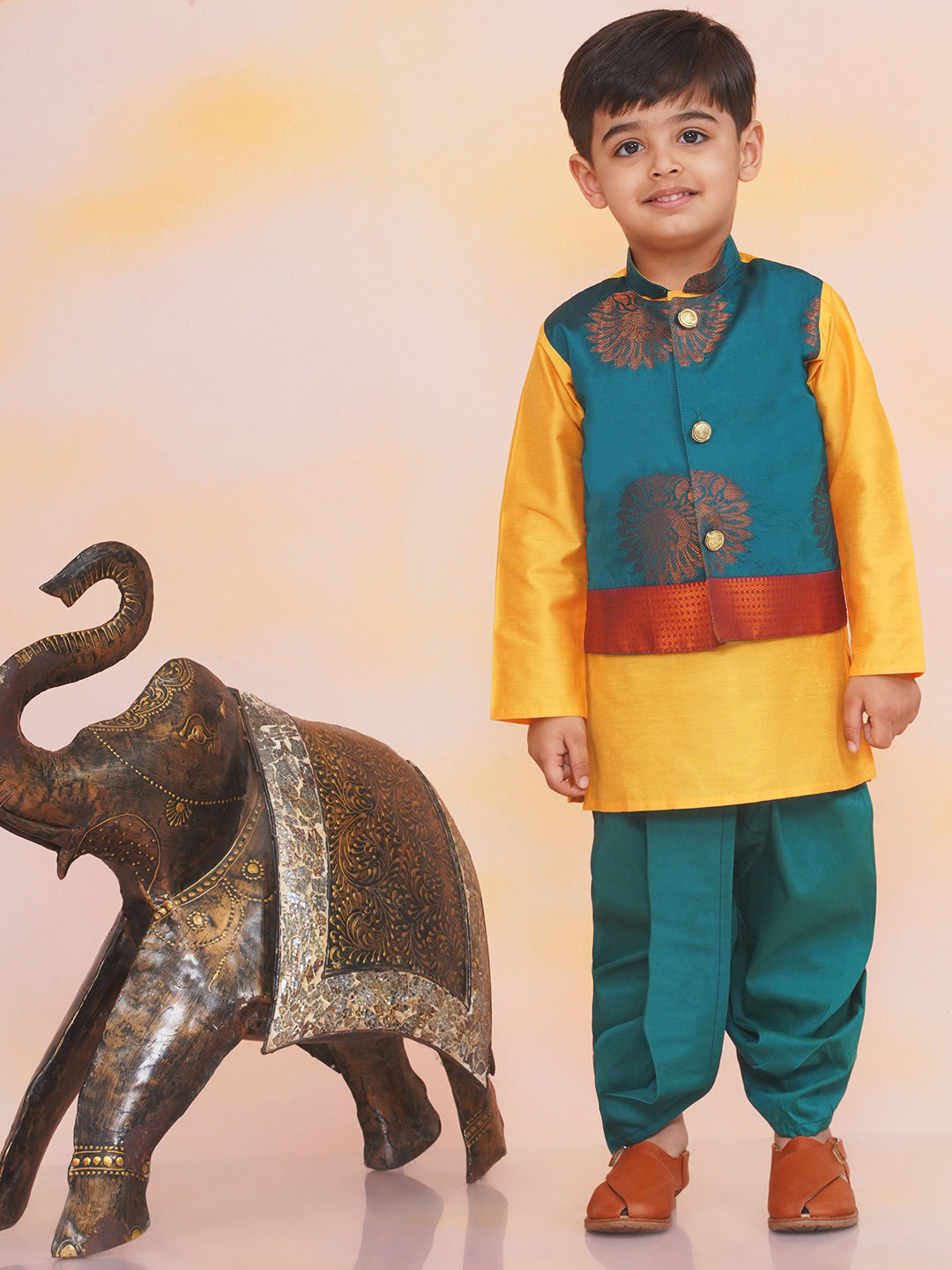 KID1 Attached Silk Jacket Kurta With Dhoti Green