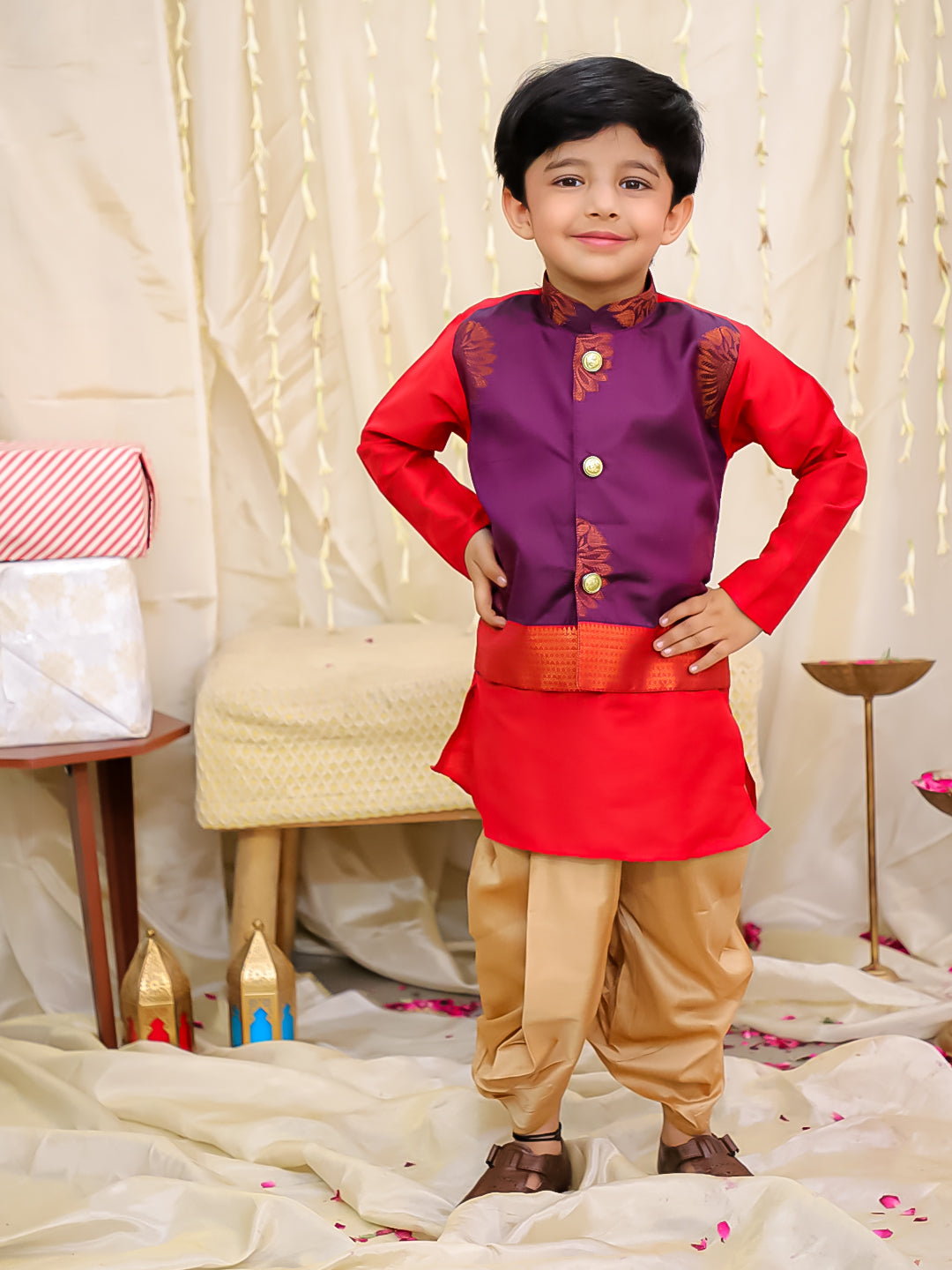 KID1 Attached Silk Jacket Kurta With Dhoti Purple