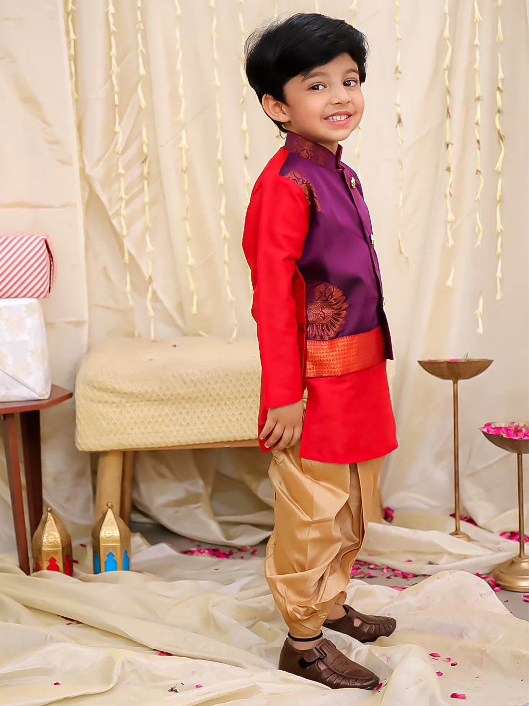 KID1 Attached Silk Jacket Kurta With Dhoti Purple