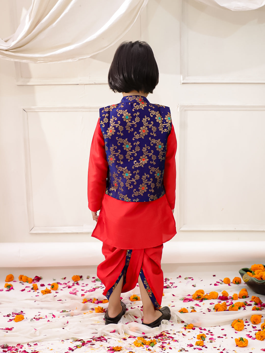 KID1 Jacquard Kurti Dhoti With Dupatta For Girls With Royal Kurta Dhoti With Jacket For Boys - Navy