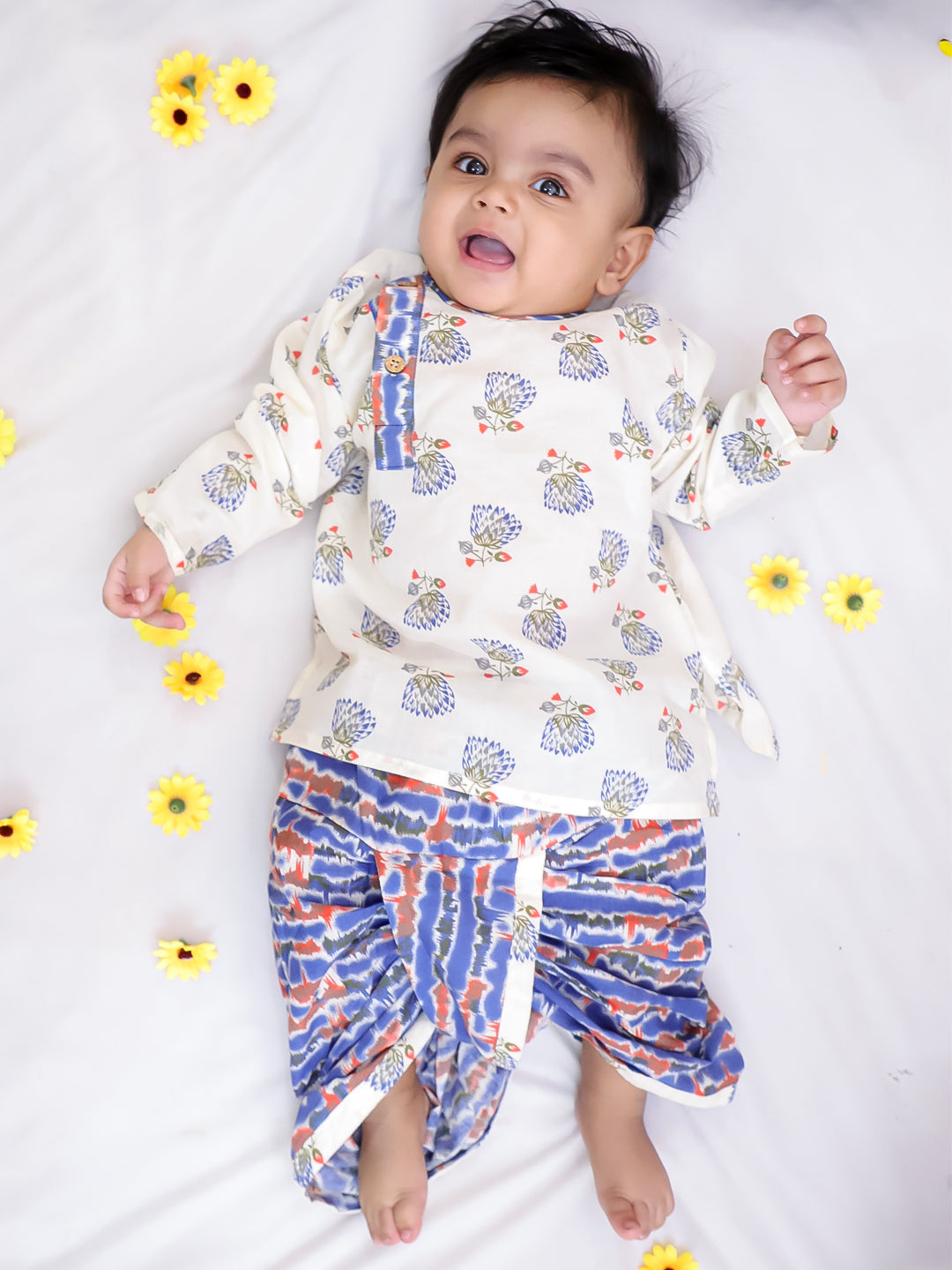 Kid One Pure Cotton Blossom Kurta Pyjama Set For Boys Blue