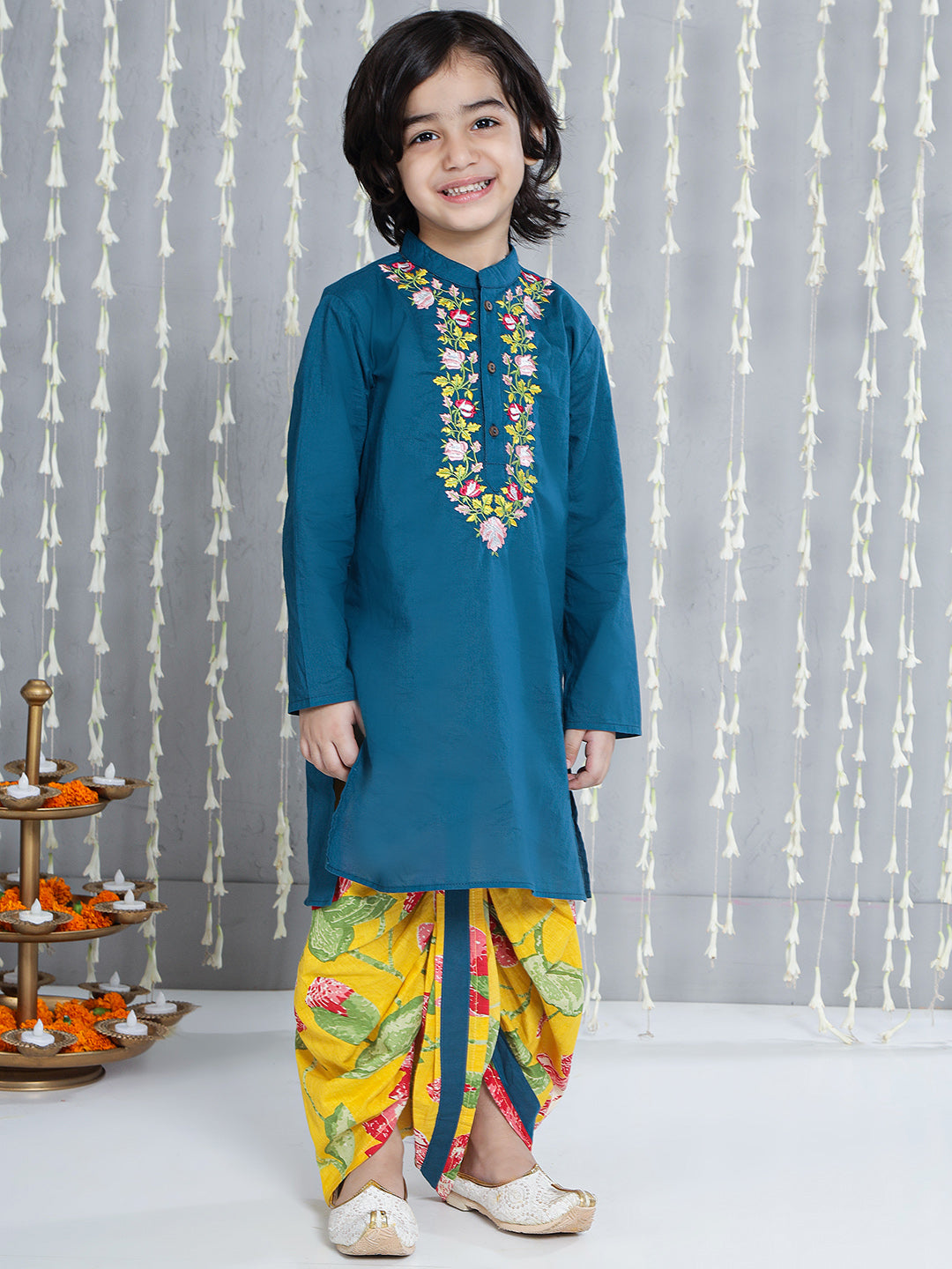 Kid One Floral Peplum Top With Afghani Salwar Set For Girls With Embroidered Kurta With Dhoti Set For Boys Yellow & Blue