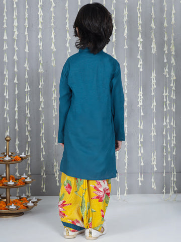 KID1 Flower Embroidered Kurta With Dhoti Set Blue