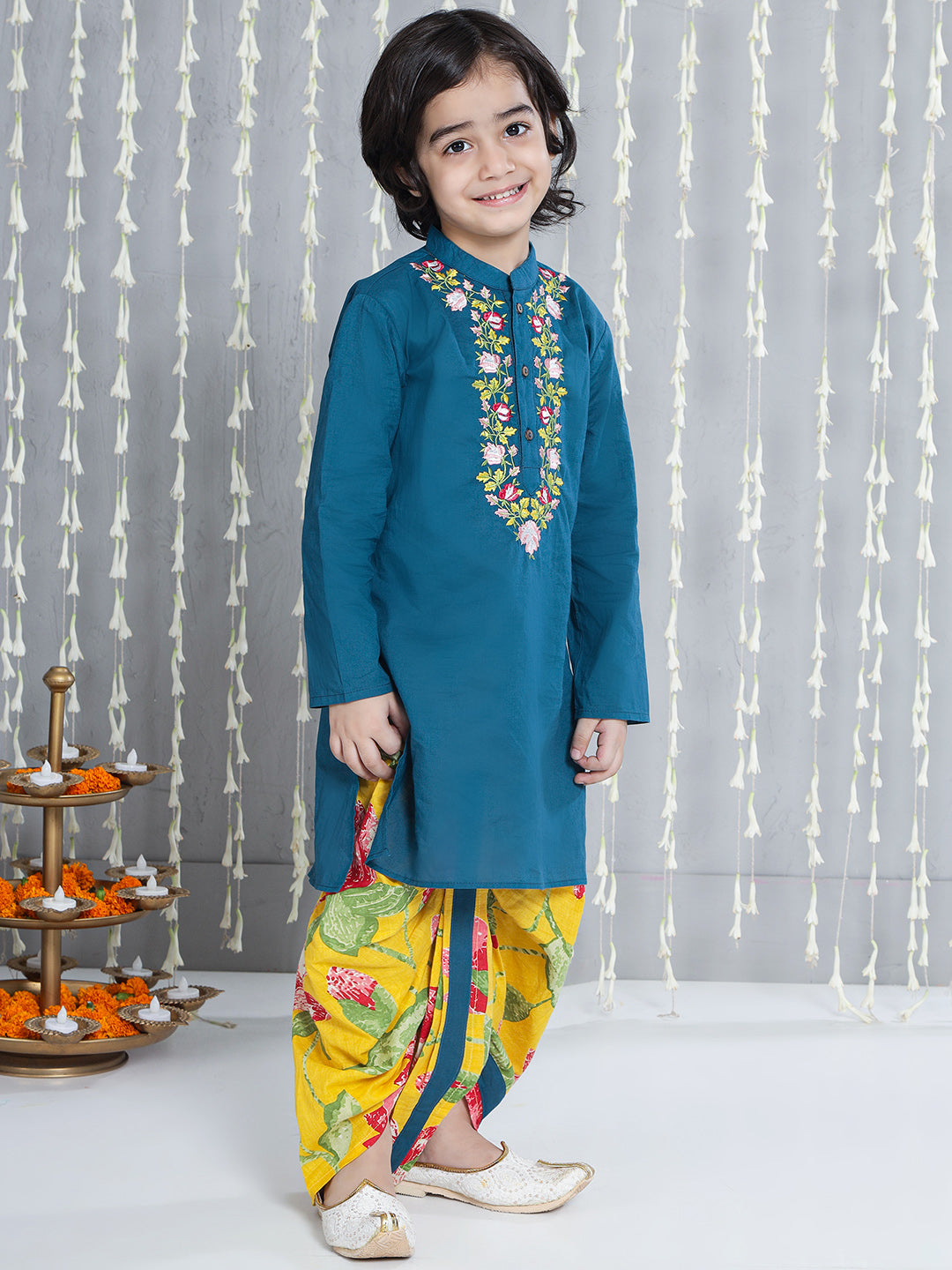 KID1 Flower Embroidered Kurta With Dhoti Set Blue