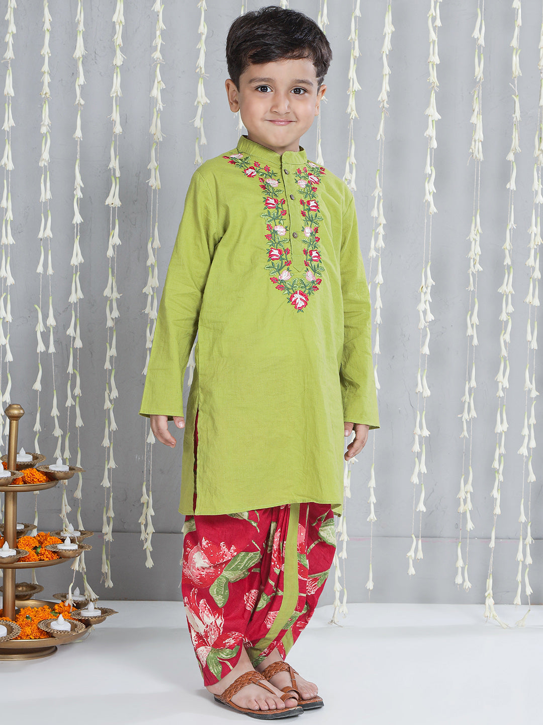 KID1 Flower Embroidered Kurta With Dhoti Set Green