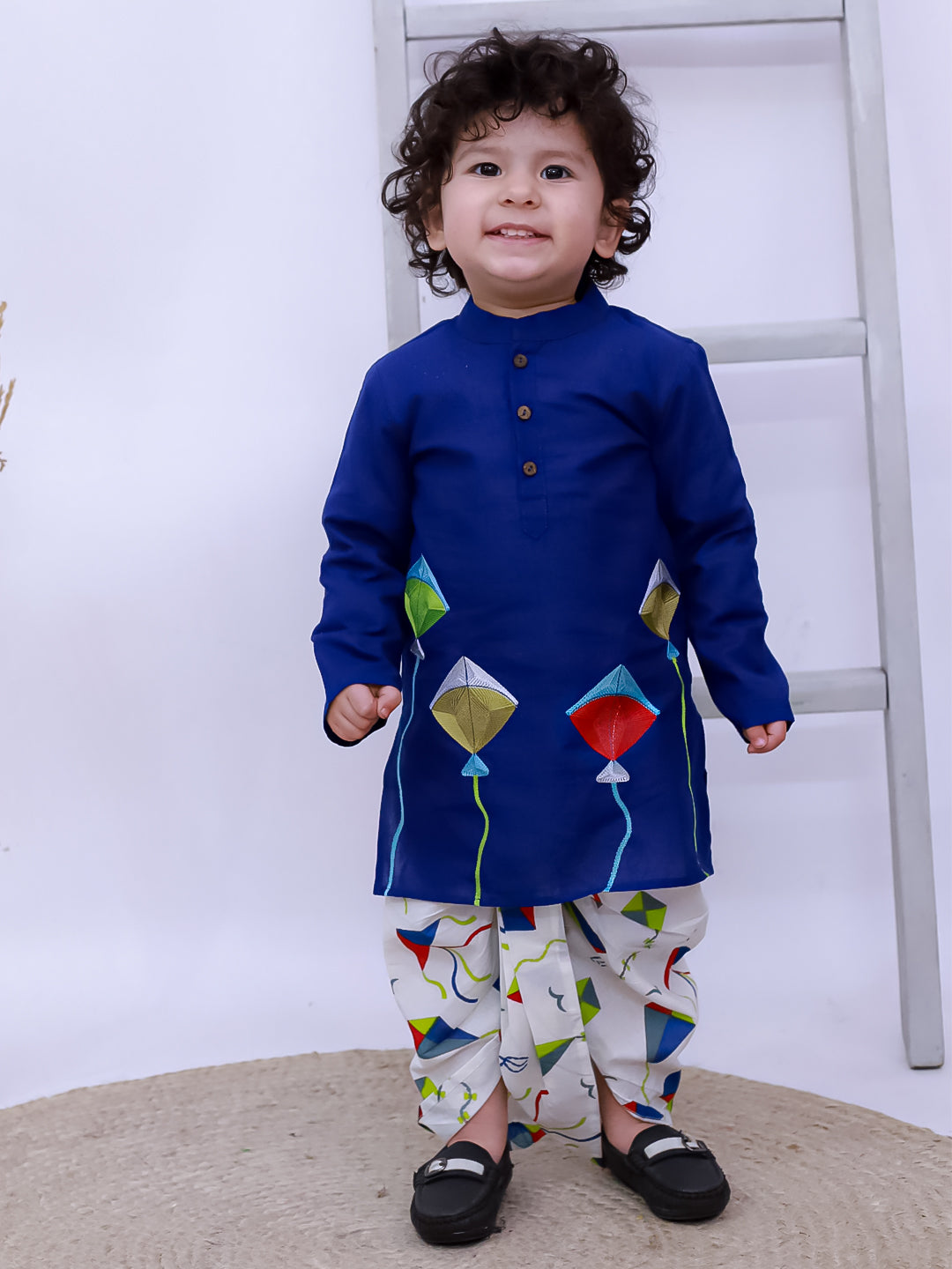 Kid One Kite Embroidered Kurta with Printed Dhoti Set Blue