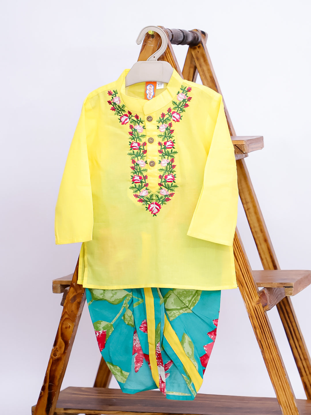 Kid One Infants Cotton Floral Embroidered Kurta With Dhoti Set For Boys Yellow