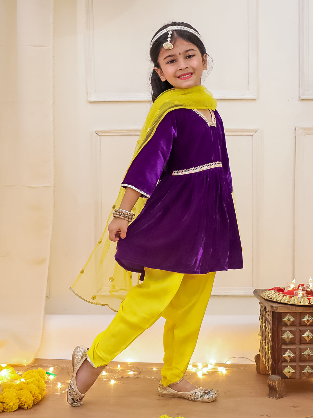 Kid One Veena Velvet Peplum Set Purple