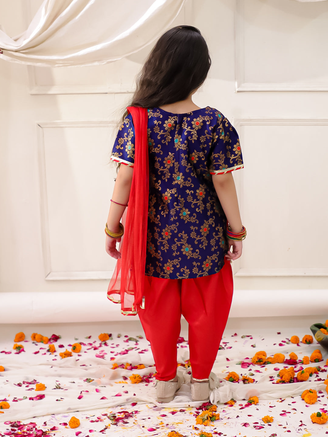 KID1 Jacquard Kurti Dhoti With Dupatta Navy Blue