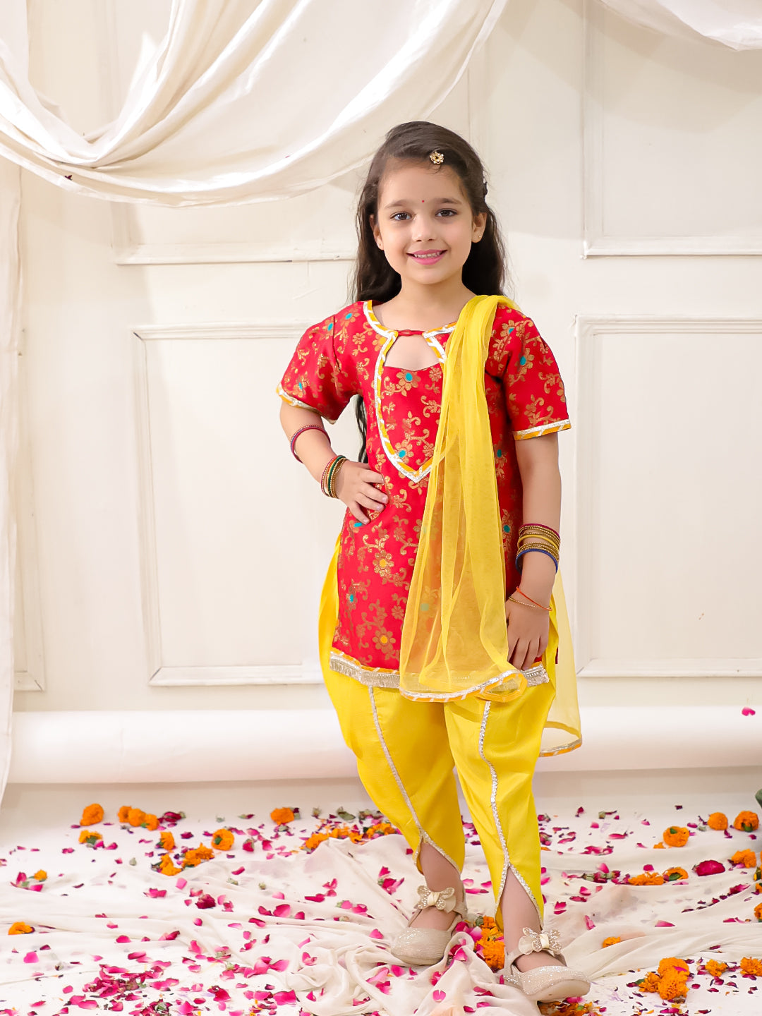 KID1 Jacquard Kurti Dhoti With Dupatta Red