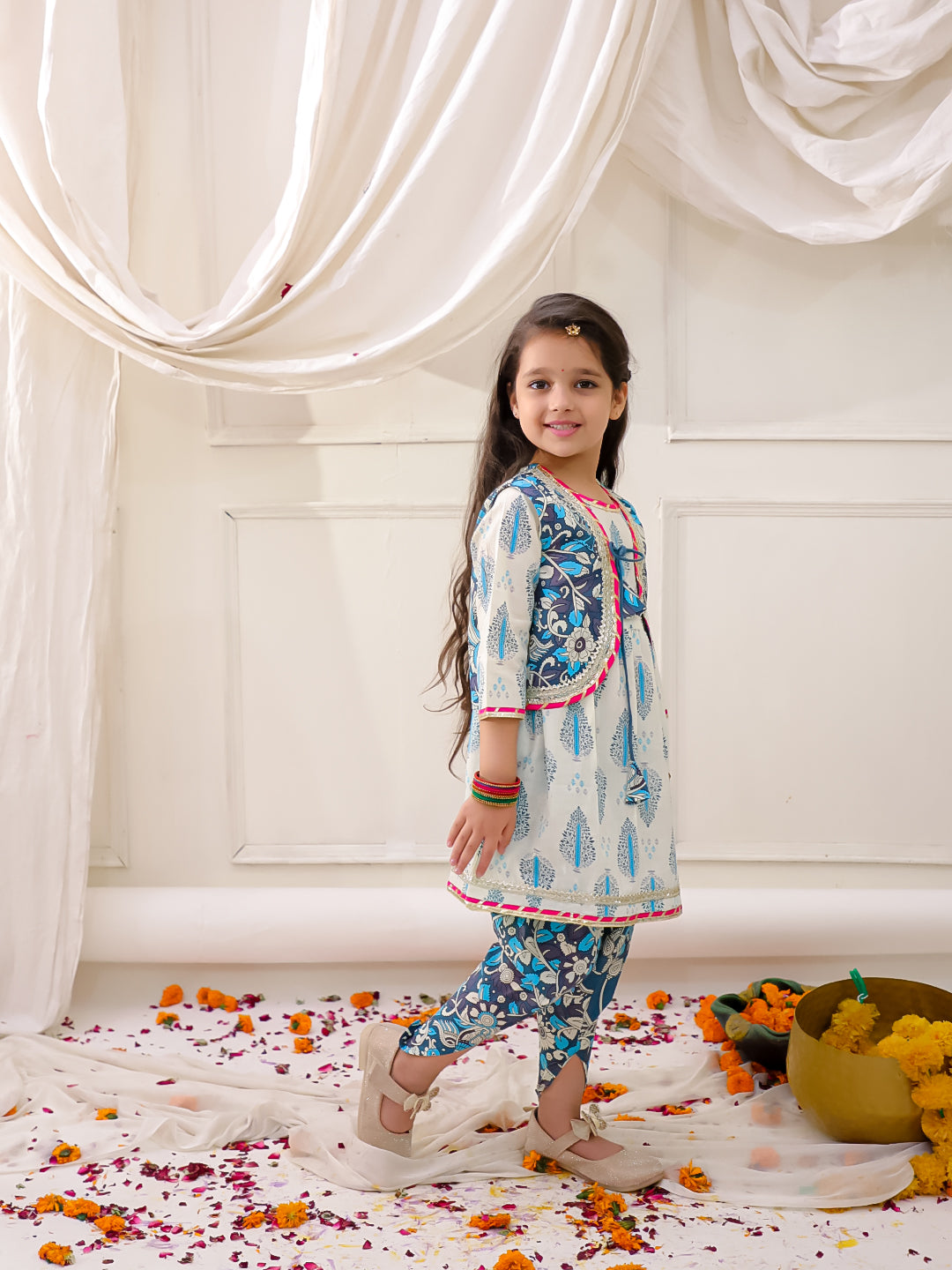 KID1 Madhubani Print Kurti Dhoti With Jacket Blue