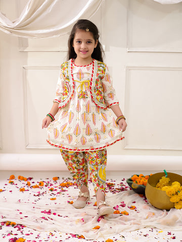 KID1 Madhubani Print Kurti Dhoti With Jacket Yellow