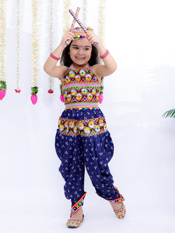 Kid One Navratri Printed Cotton Top Dhoti With Cap Set For Girls Blue
