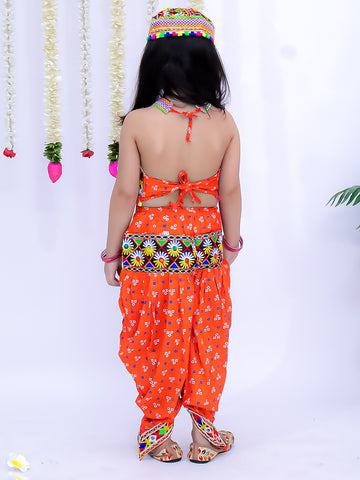 Kid One Navratri Printed Cotton Top Dhoti With Cap Set For Girls Orange