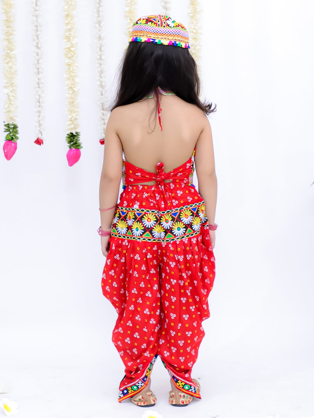 Kid One Navratri Printed Cotton Top Dhoti With Cap Set For Girls Red