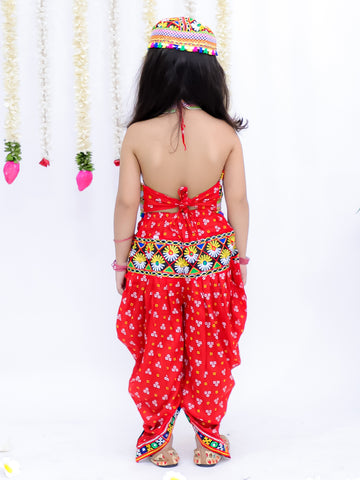 Kid One Navratri Printed Cotton Top Dhoti With Cap Set For Girls Red