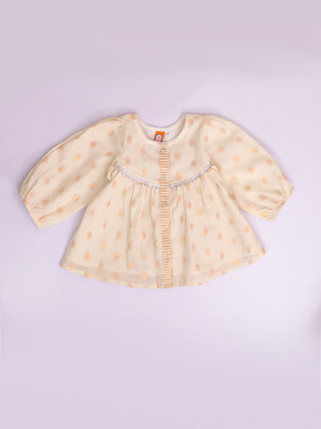 Kid One Full Sleeves Lurex Cotton Baby Frock Offwhite