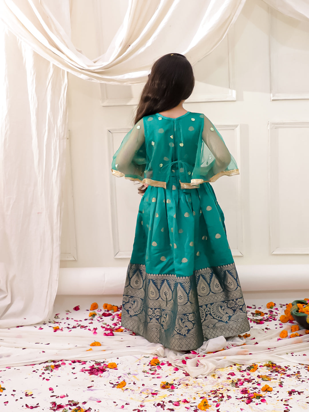 KID1 Sequins Cape Gown Pattu Green