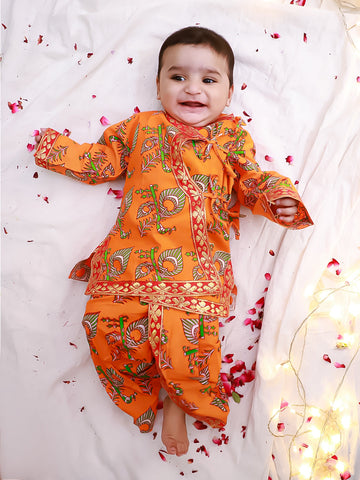 KID1 Printed Angharakha Kurta Dhoti Orange