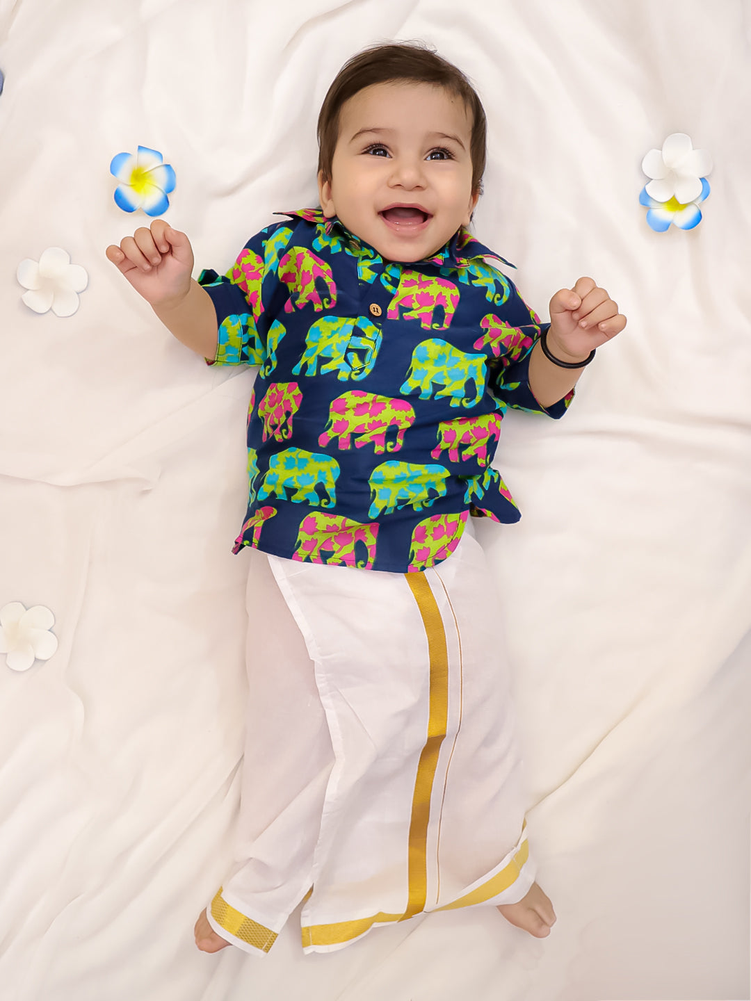 Kid One Elephant Print Kurta With Lungi Blue