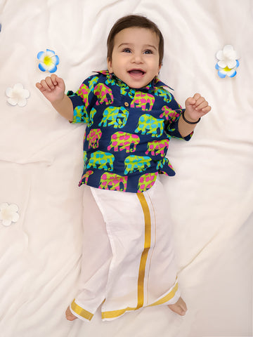Kid One Elephant Print Kurta With Lungi Blue