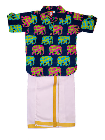 Kid One Elephant Print Kurta With Lungi Blue