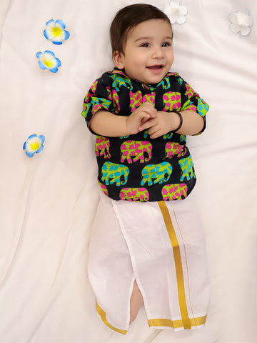 Kid One Elephant Print Kurta With Lungi Navy