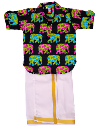 Kid One Elephant Print Kurta With Lungi Navy