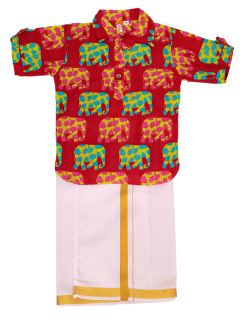 Kid One Elephant Print Kurta With Lungi Red