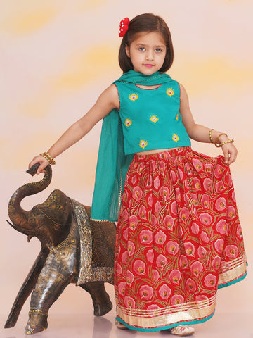 KID1 Leela Choli with Printed Lehenga & Crushed Dupatta For Girls With Morpankh Embroidered Dhoti Set For Boys - Green