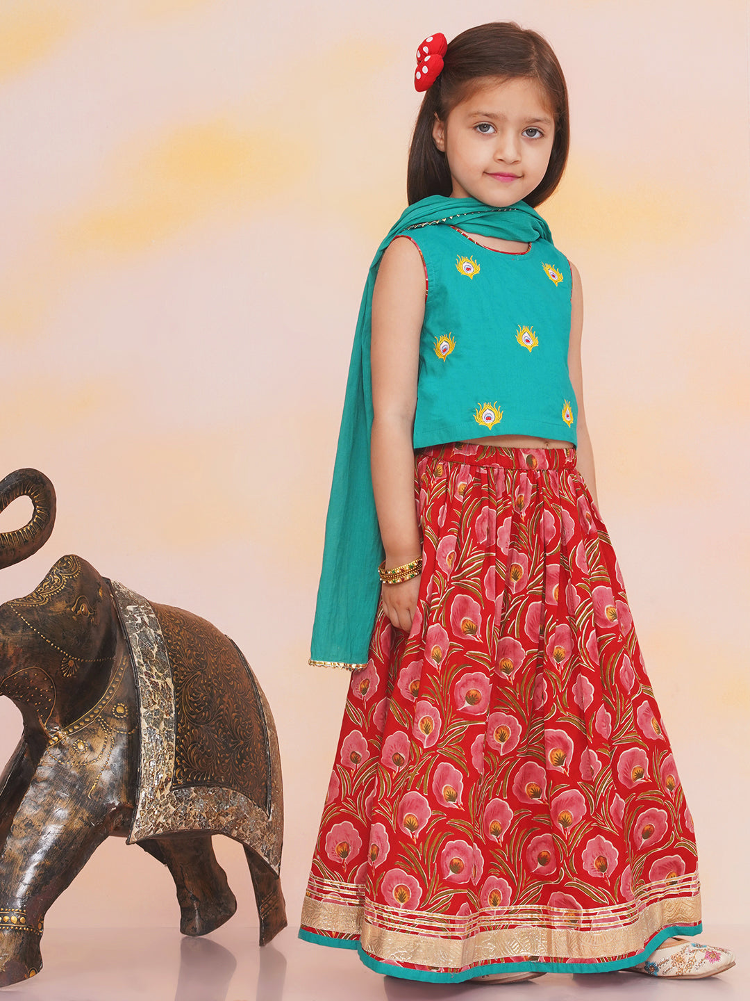 KID1 Leela Choli with Printed Lehenga & Crushed Dupatta Green