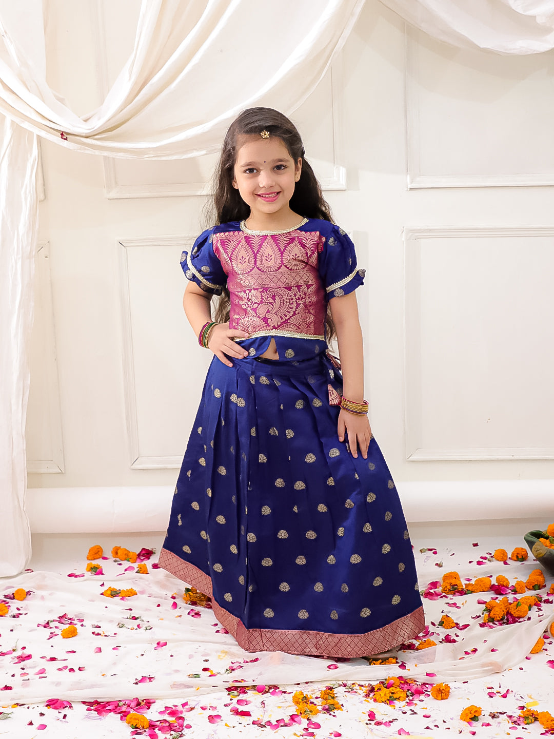 KID1 Twinkle Pattu Lehenga Choli Set Navy Blue