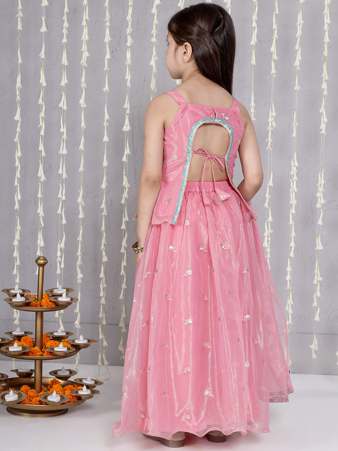 KID1 Noor Embroidery Backless Choli With Lehenga And Dupatta Pink