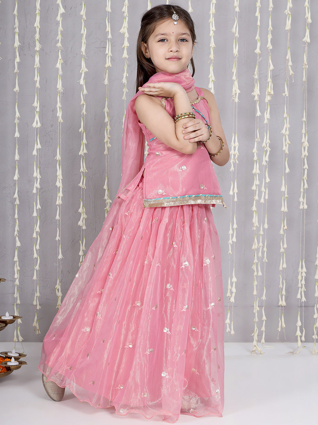 KID1 Noor Embroidery Backless Choli With Lehenga And Dupatta Pink