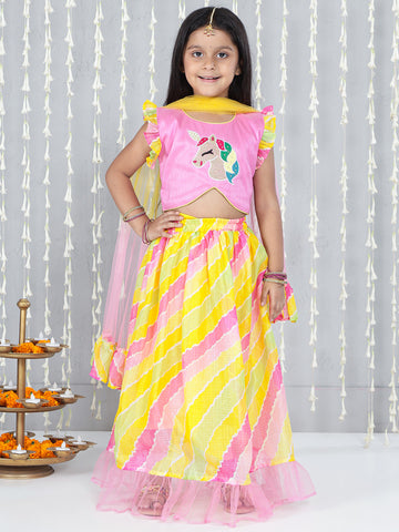 KID1 Unicorn Lehenga Choli And Dupatta For Girls With Attached Jacket Kurta Dhoti For Boys - Pink & White