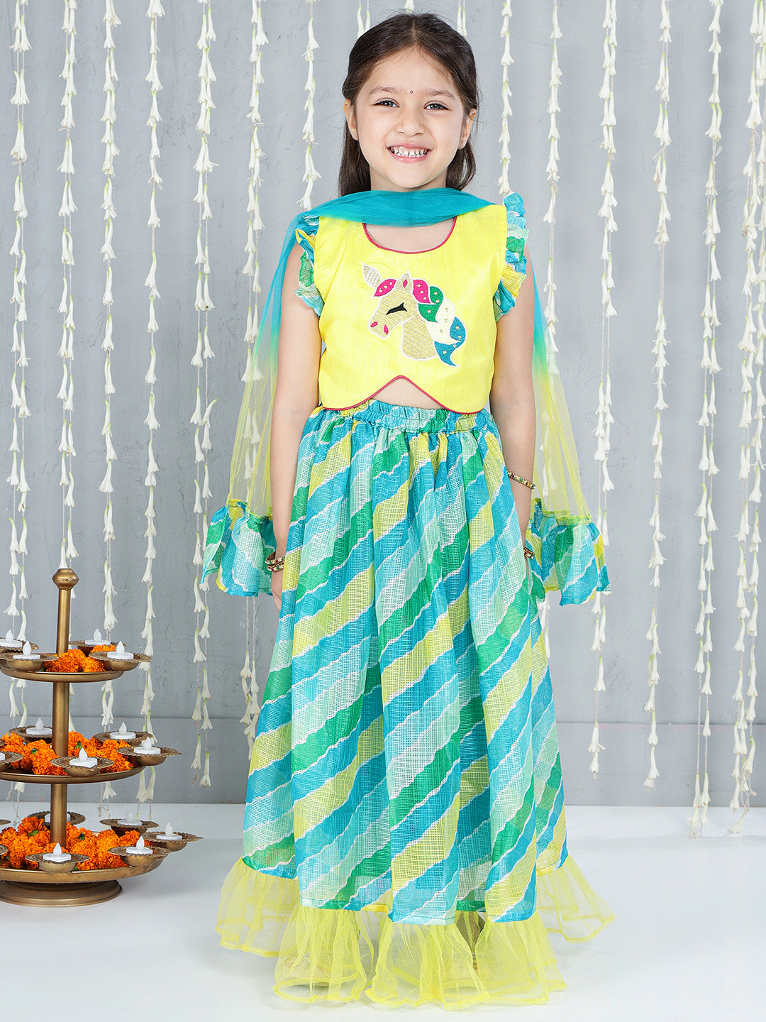 KID1 Unicorn Lehenga Choli And Dupatta For Girls With Attached Jacket Kurta Dhoti For Boys - Yellow