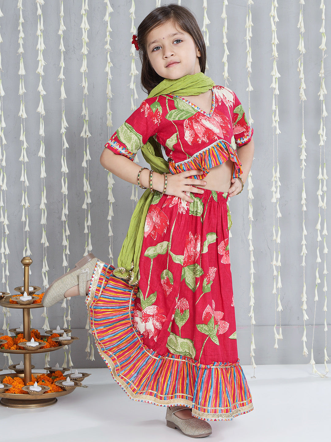 KID1 Floral Top With Lehenga Dupatta Set Pink