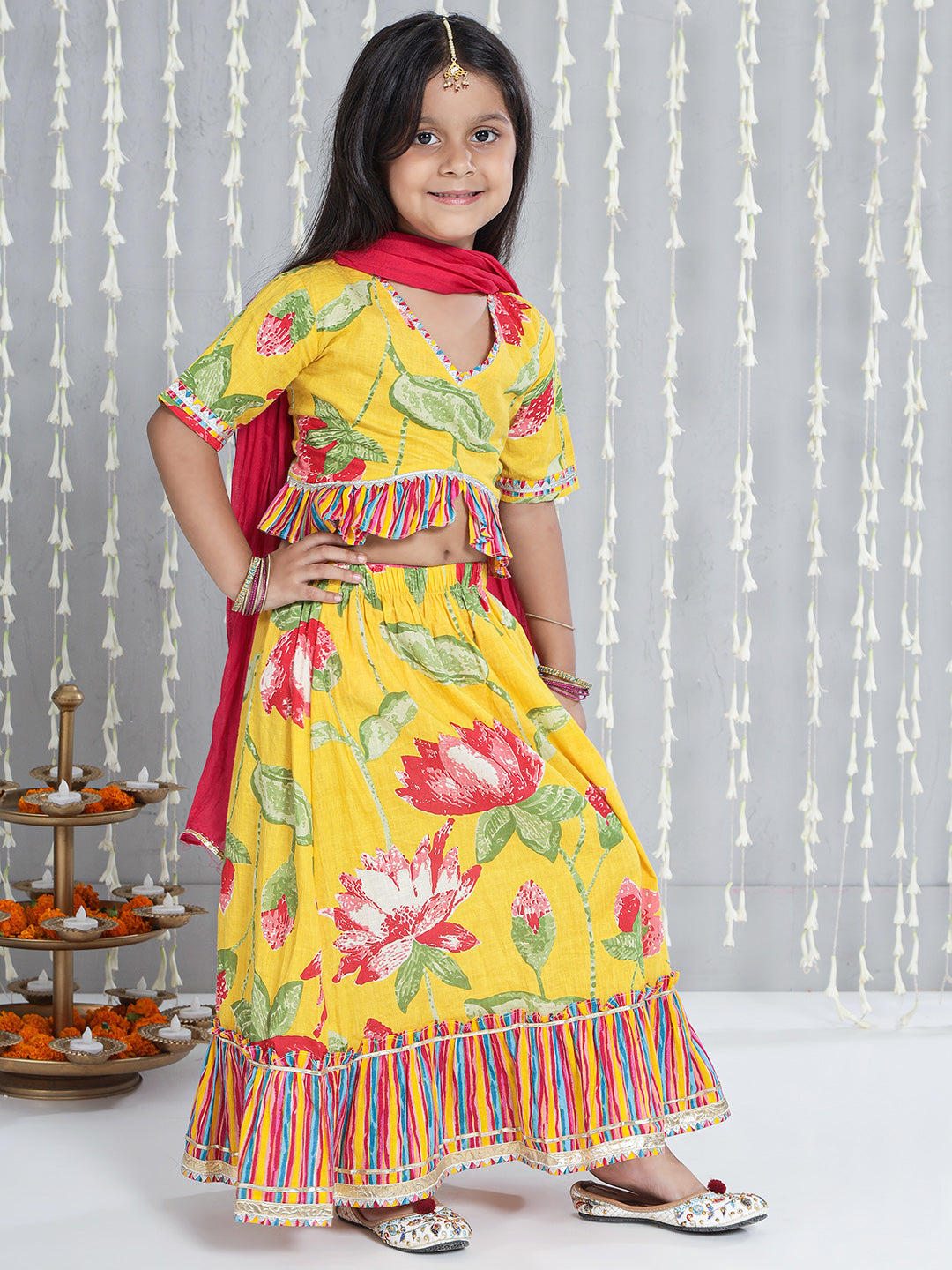 KID1 Floral Top With Lehenga Dupatta Set Yellow