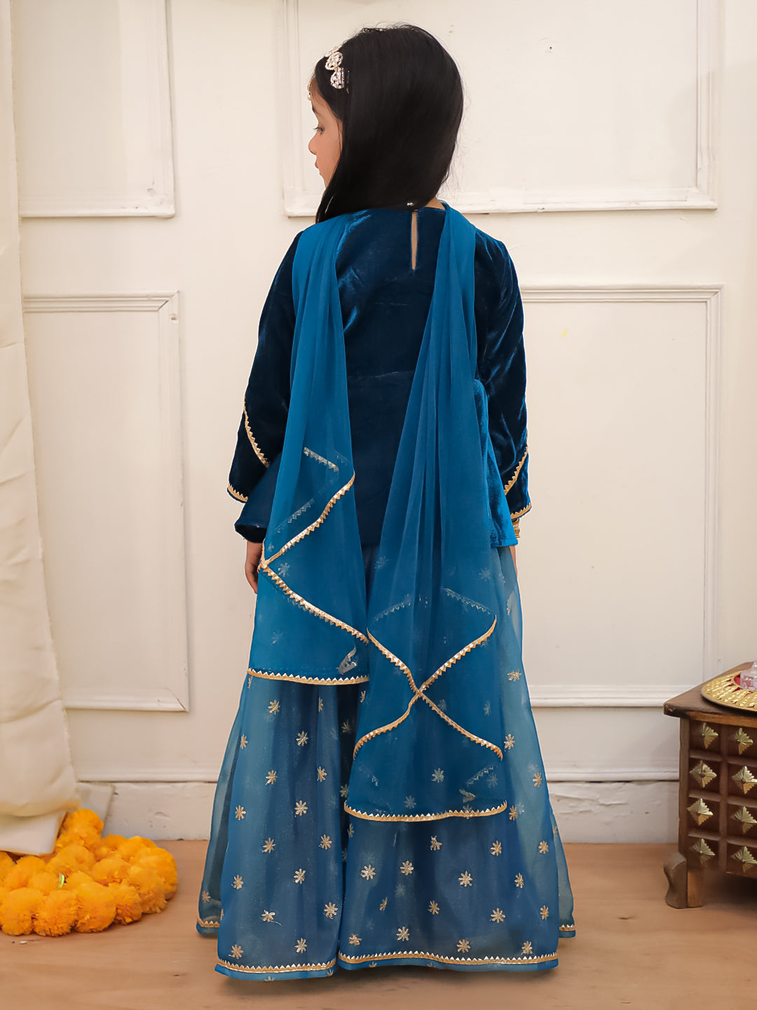Kid One Alina Velvet Lehenga Choli With Dupatta Blue
