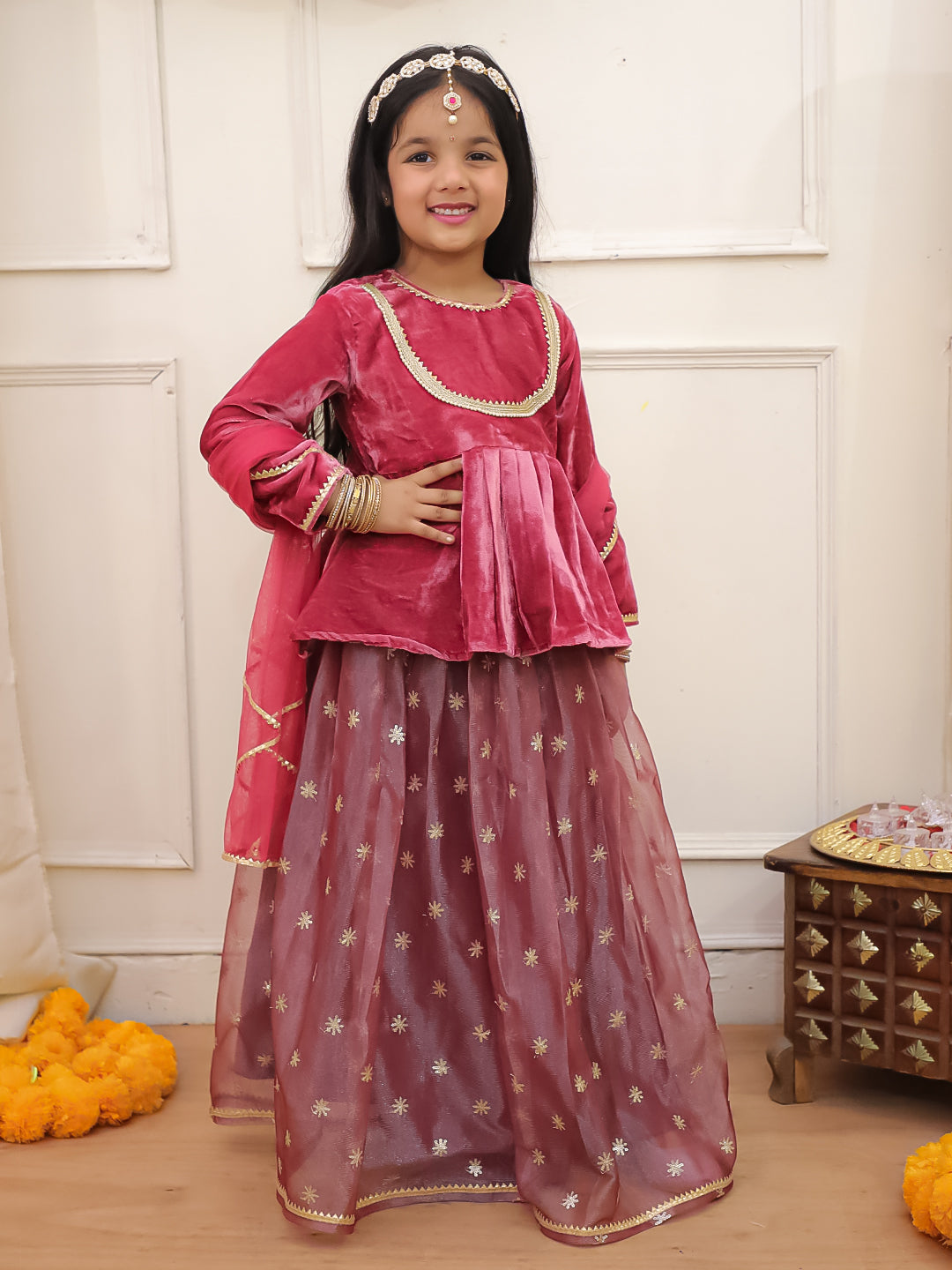 Kid One Alina Velvet Lehenga Choli With Dupatta Pink