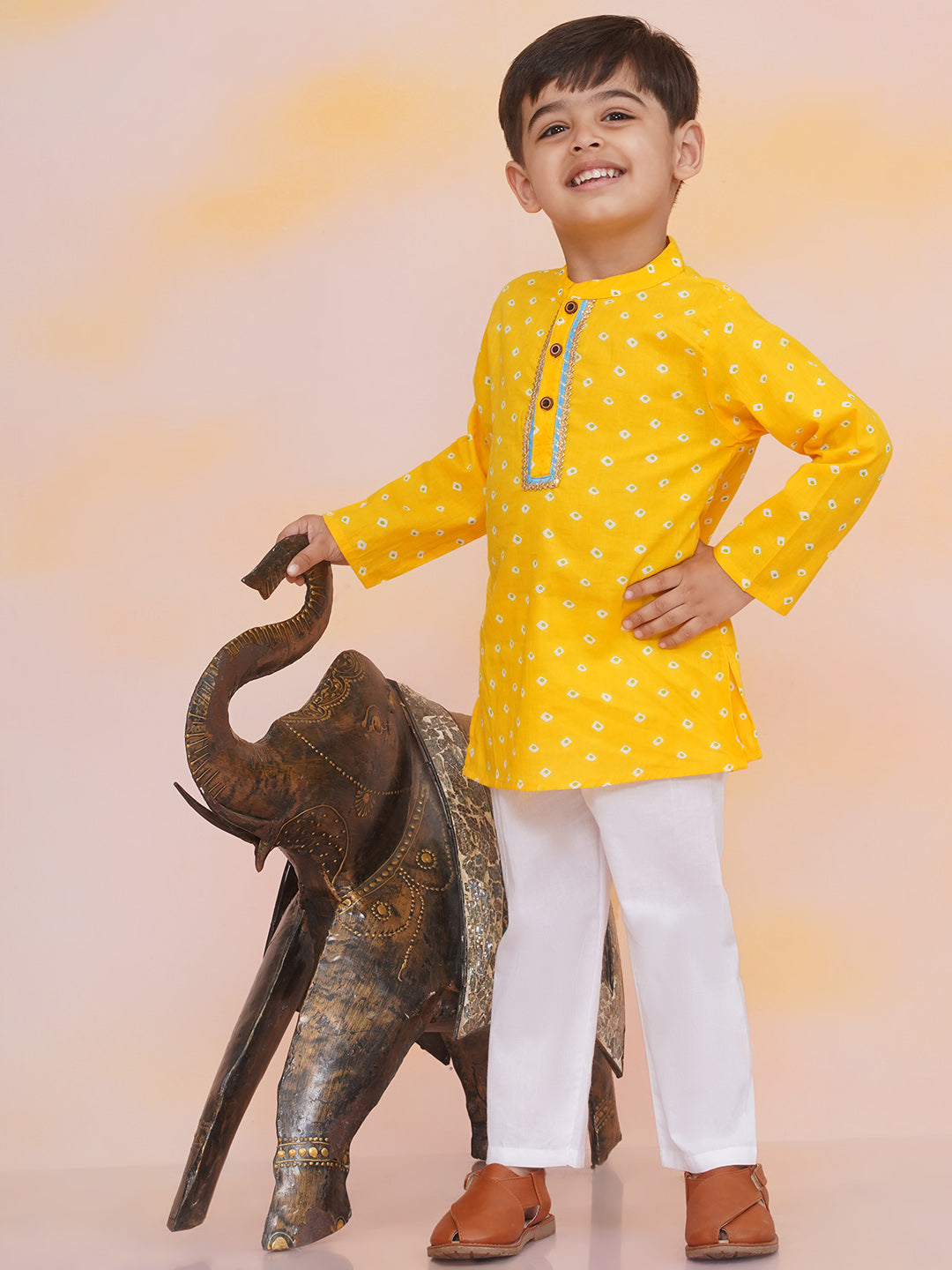 KID1 Aisha Bandhani Sharara Set For Girls With Chandaa Bandhani Kurta Pyjama For Boys - Pink & Yellow