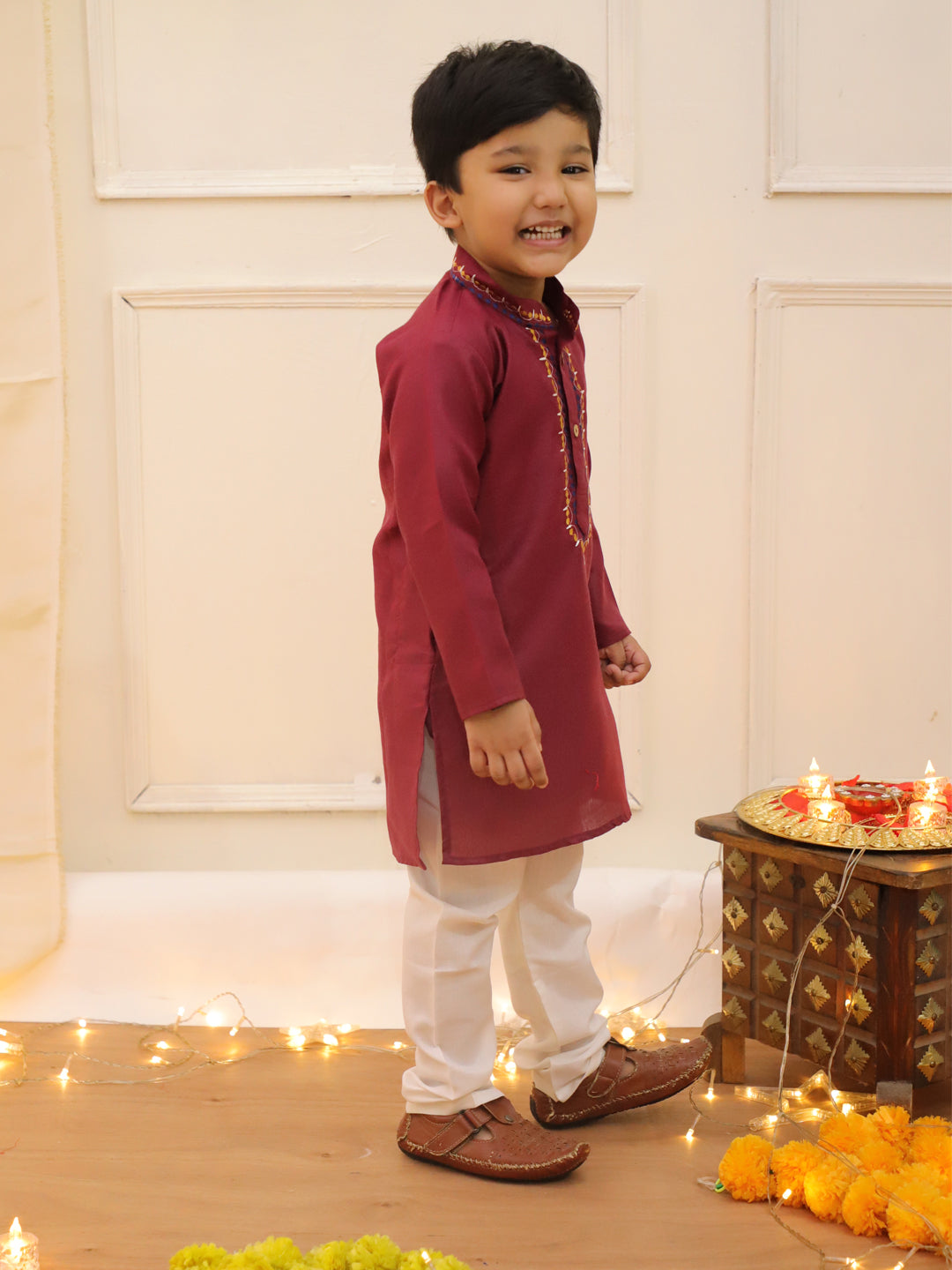 KID1 Embroidered Kurta and Pyjama Set Maroon
