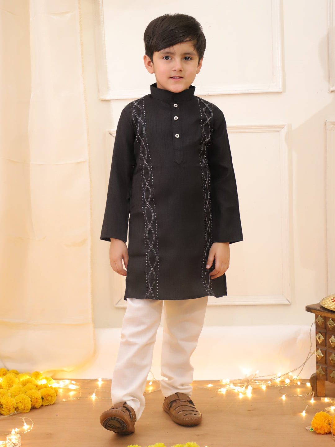 Embroidered Silk Kurta Pyjama Set Black