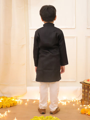 KID1 Embroidered Silk Kurta with Pyjama Black