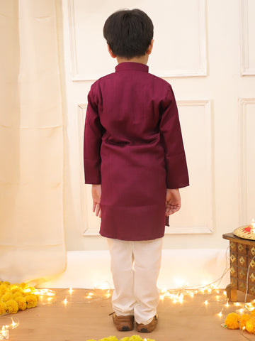 KID1 Embroidered Silk Kurta with Pyjama Wine