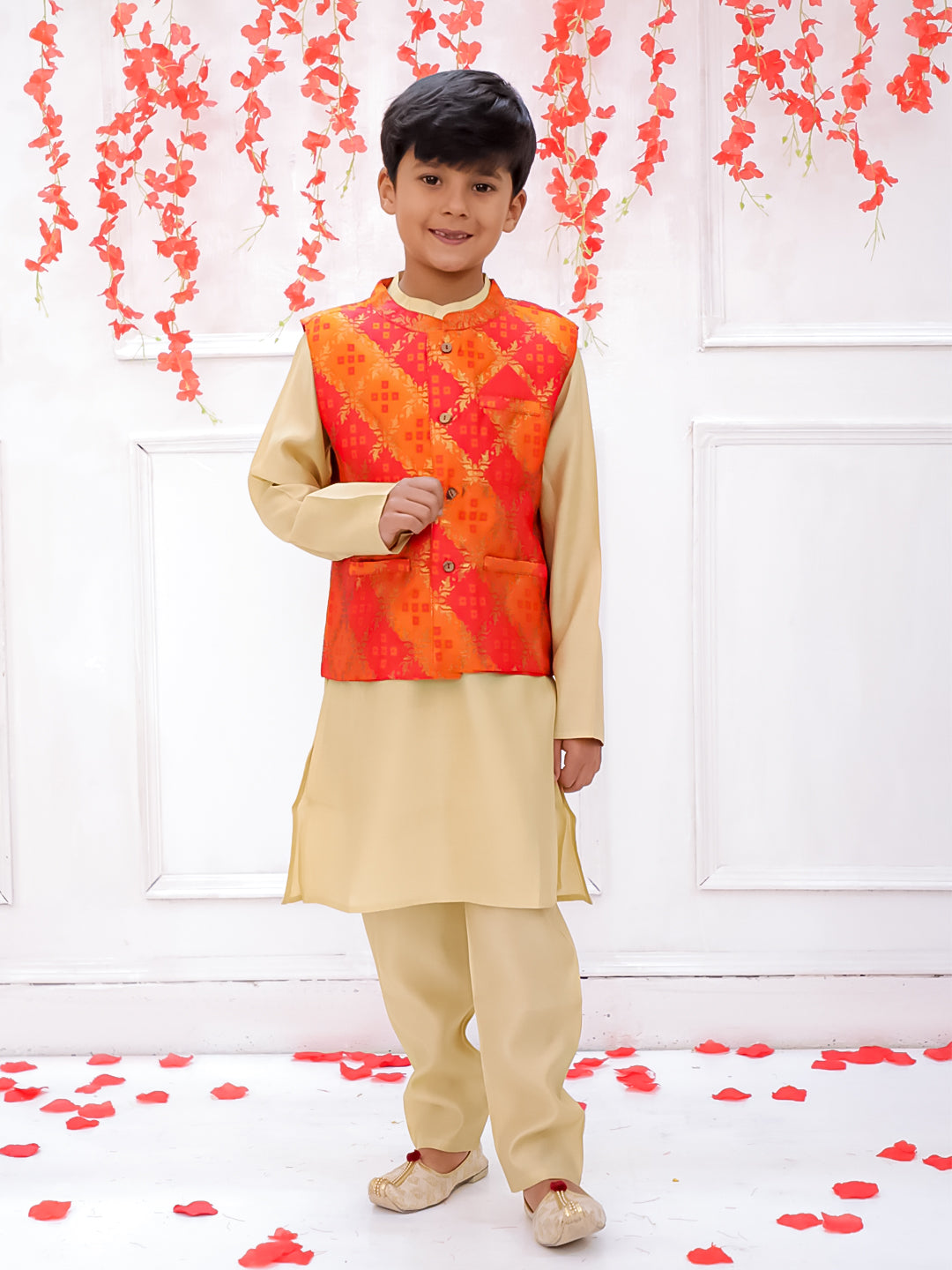 KID1 Bandhani Bundi With Gold Kurta Pyjama Orange